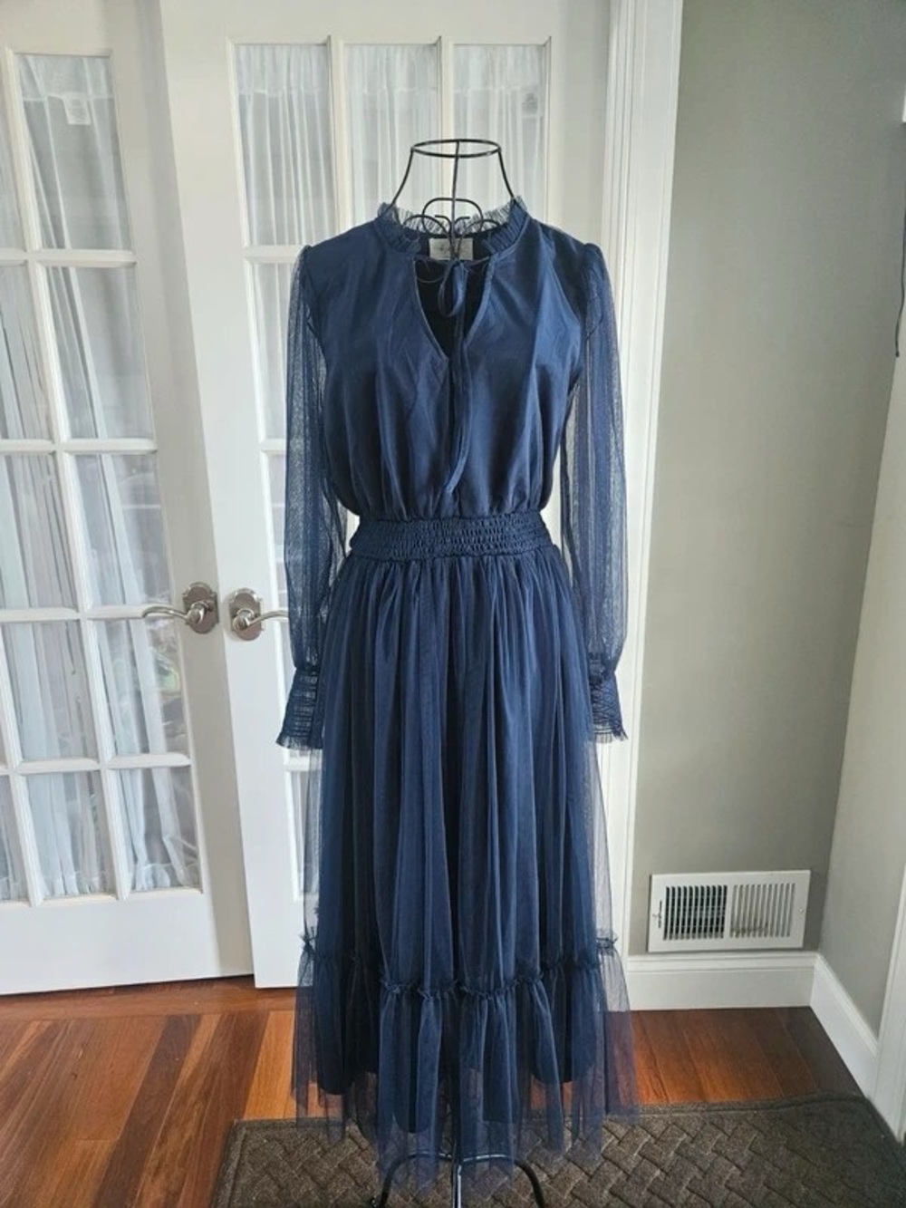 Navy Blue Long-Sleeve Maxi Dress with Smocked Waist